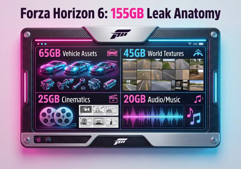 A technical infographic showing the breakdown of the 155GB Forza Horizon 6 leak, detailing vehicle assets, world textures, and audio files.