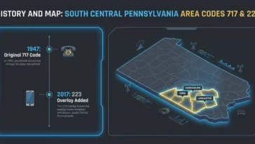 Infographic detailing the timeline and geographic map of the area code york pa, highlighting the original 717 prefix and the 223 overlay across South Central Pennsylvania.