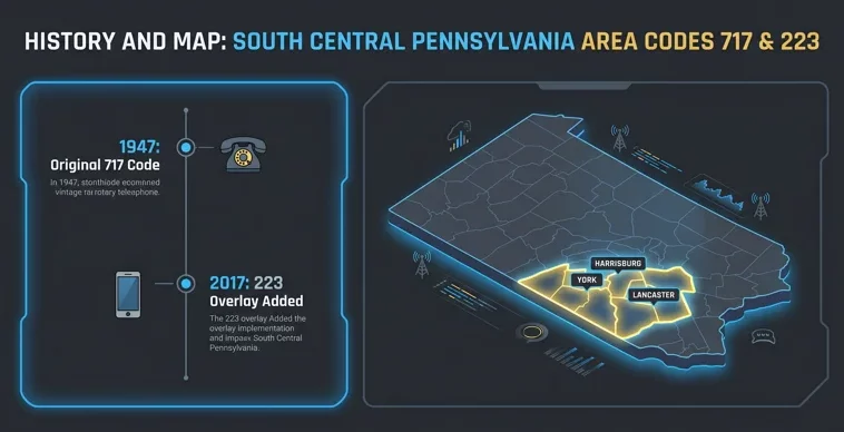Infographic detailing the timeline and geographic map of the area code york pa, highlighting the original 717 prefix and the 223 overlay across South Central Pennsylvania.