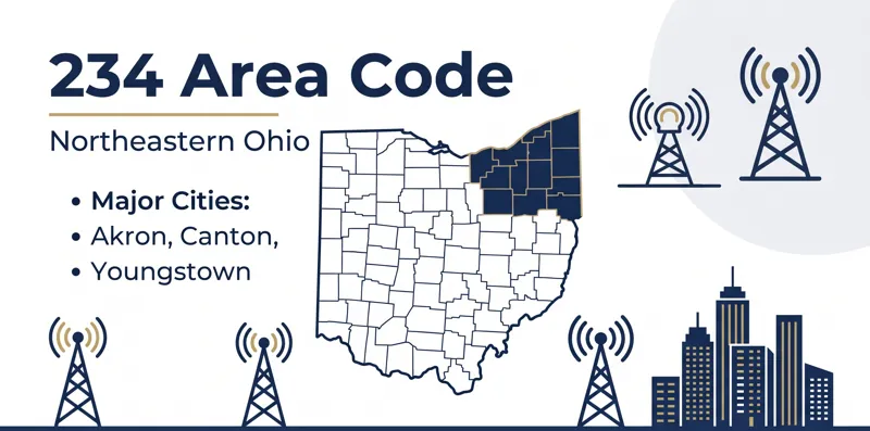 Infographic showing the map location of the 234 area code in northeastern Ohio, highlighting major cities like Akron, Canton, and Youngstown.
