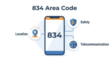 A modern infographic displaying the 834 area code on a smartphone, surrounded by icons representing location tracking, telecommunications, and digital safety.
