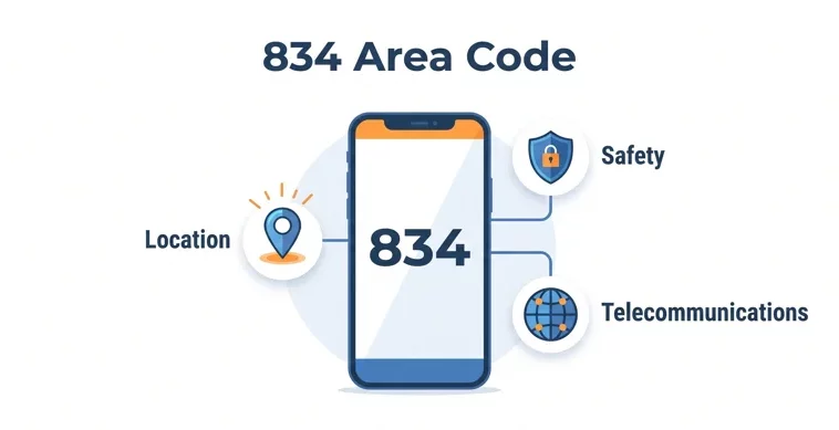 A modern infographic displaying the 834 area code on a smartphone, surrounded by icons representing location tracking, telecommunications, and digital safety.