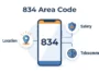 A modern infographic displaying the 834 area code on a smartphone, surrounded by icons representing location tracking, telecommunications, and digital safety.