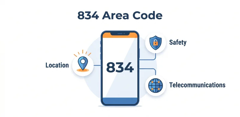 A modern infographic displaying the 834 area code on a smartphone, surrounded by icons representing location tracking, telecommunications, and digital safety.