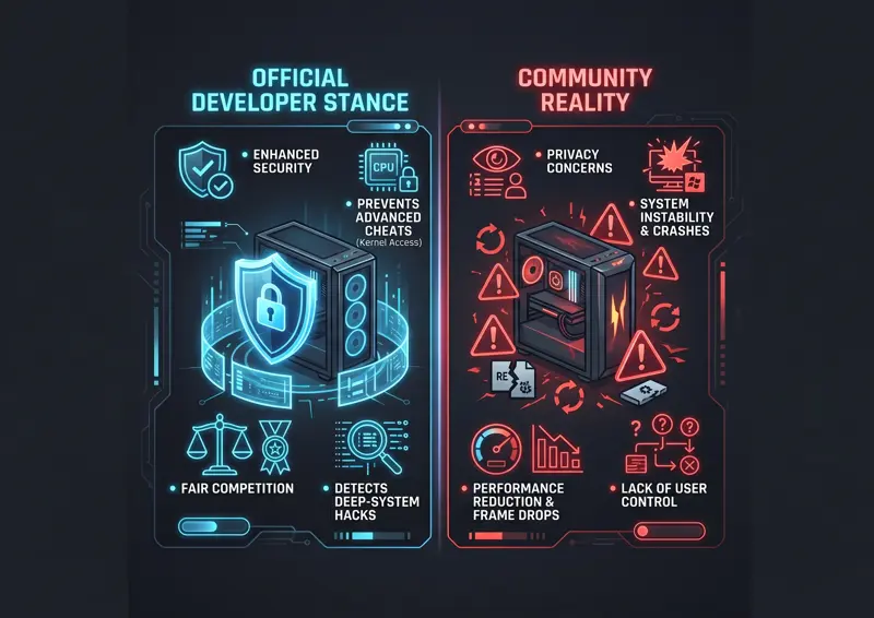 A dual-panel infographic comparing Riot Games' official claims that Vanguard is perfectly safe against the reality of community reports showing PC crashes, corrupted registries, and system reboot errors.