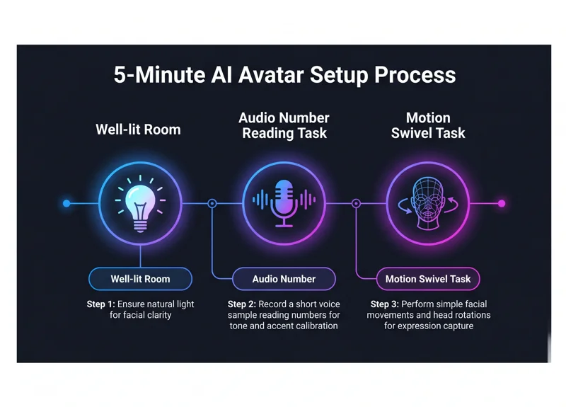 A step-by-step infographic showing the three simple requirements to set up a Google Gemini AI avatar: finding a well-lit room, completing an audio number reading task, and performing a head motion swivel.