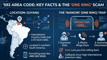 Infographic explaining that the 592 area code is located in Guyana, South America, and illustrating how the Wangiri one-ring phone scam tricks victims into calling back.