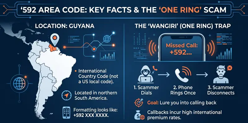 Infographic explaining that the 592 area code is located in Guyana, South America, and illustrating how the Wangiri one-ring phone scam tricks victims into calling back.
