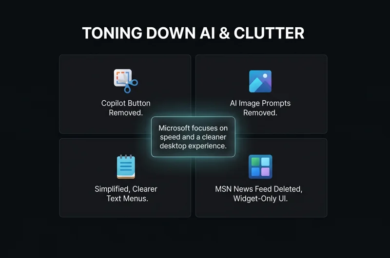 Infographic showing the removal of Copilot buttons from the Windows Snipping Tool and Photos apps, plus the deletion of the MSN news feed from the Widgets board.