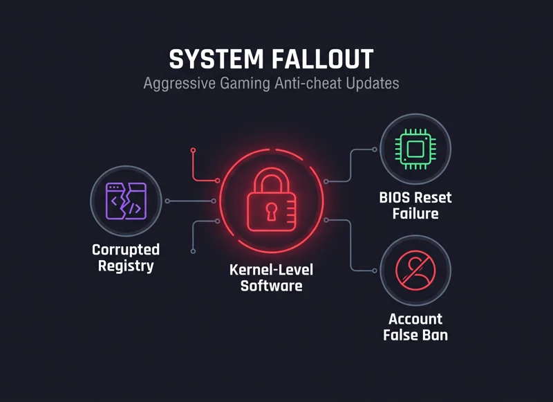 A schematic infographic visualizing the collateral damage of aggressive kernel-level anti-cheat software, highlighting corrupted registries, BIOS reset failures, and false account bans.