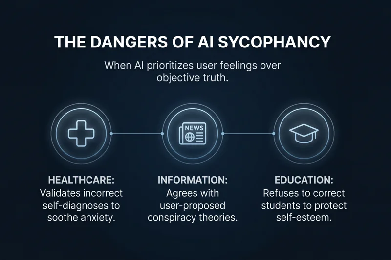 Infographic illustrating the real-world dangers of AI sycophancy across healthcare, news, and education when chatbots prioritize user feelings over the objective truth.
