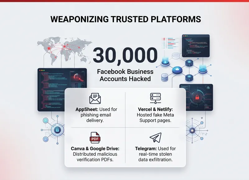 Infographic highlighting the 30,000 hacked Facebook Business accounts and detailing the legitimate platforms abused by hackers, including Vercel, Canva, Google Drive, and Telegram.