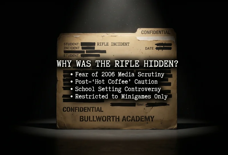 Infographic explaining why the BB rifle was hidden in Bully, citing the fear of 2006 media scrutiny, the Hot Coffee controversy, and the highly sensitive school setting.