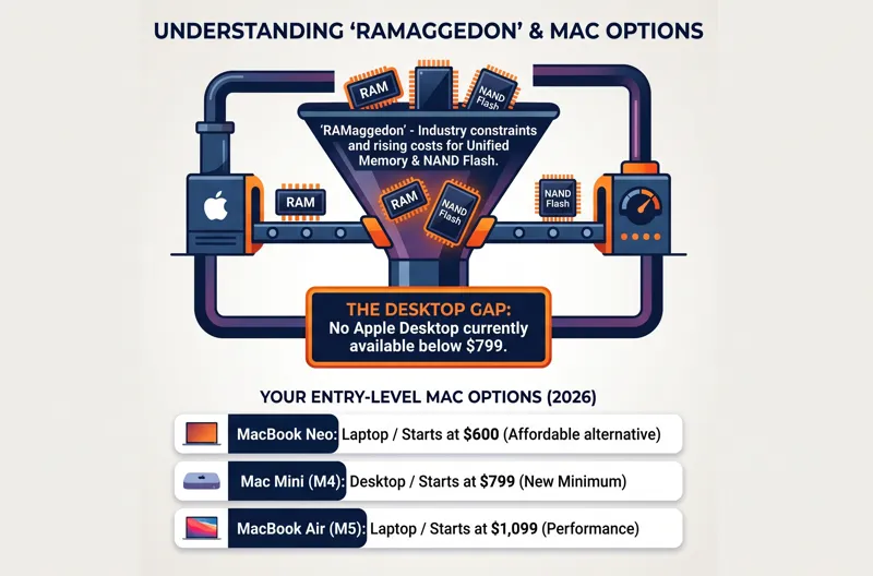 Infographic explaining the RAMaggedon supply chain constraints and listing current 2026 entry-level Apple computer options, including the $600 MacBook Neo and $799 Mac mini.
