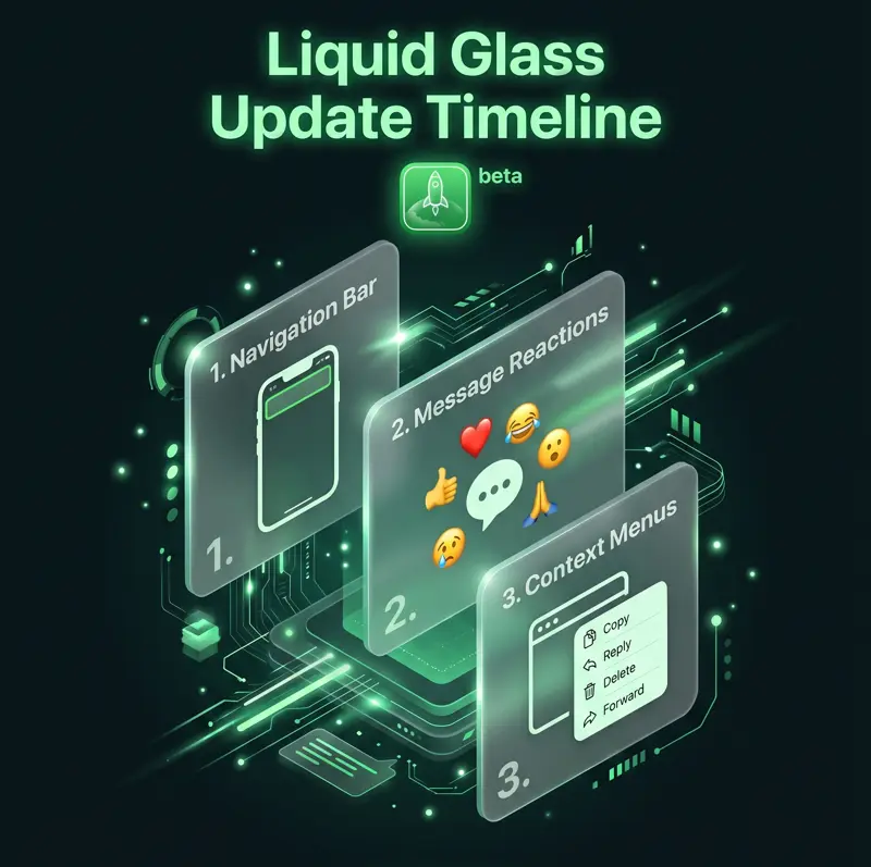 Timeline infographic detailing the rollout phases of WhatsApp's Liquid Glass UI update, from the bottom navigation bar to message reactions and context menus in TestFlight.