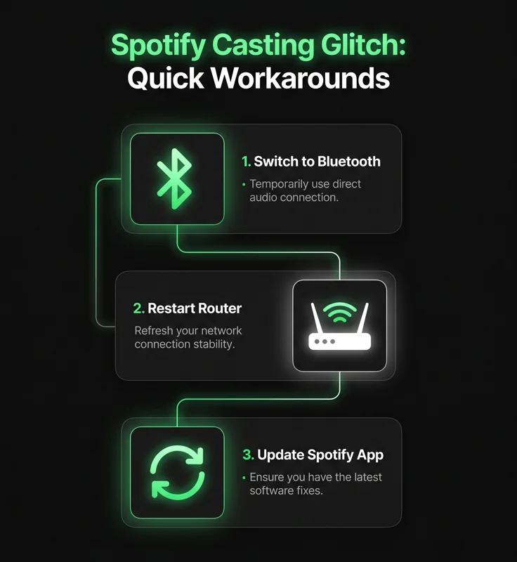 Troubleshooting infographic illustrating temporary workarounds for the Spotify casting glitch, such as switching to Bluetooth, restarting the Wi-Fi router, and updating the mobile app.