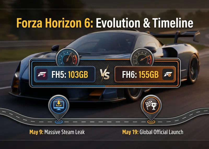 An infographic comparing the install sizes of Forza Horizon 5 and Forza Horizon 6, alongside the May 2026 launch schedule.