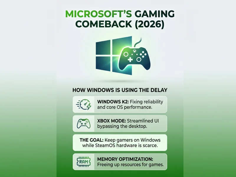 Infographic detailing Microsoft's 2026 PC gaming strategy, featuring the Windows K2 reliability initiative, the new streamlined Xbox Mode UI, and system memory optimization.