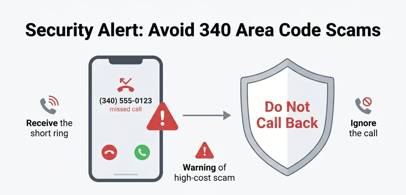 An infographic illustrating the 340 area code one-ring phone scam, displaying a smartphone with a missed call, a red warning triangle, and a security shield advising not to call back.