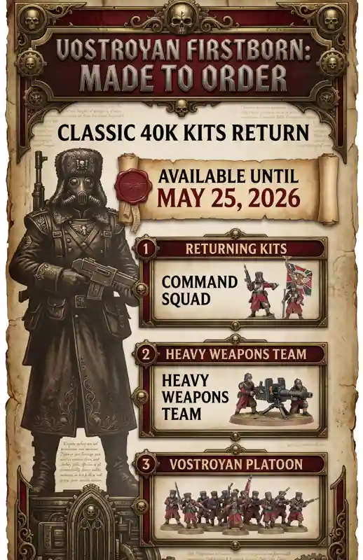 A sci-fi infographic detailing the limited-time return of the classic Vostroyan Firstborn Made to Order kits for Warhammer 40k, available until May 25, 2026.
