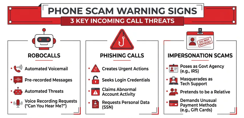 An infographic highlighting three common phone scam warning signs associated with unknown calls: automated robocalls, phishing attempts, and caller impersonation.