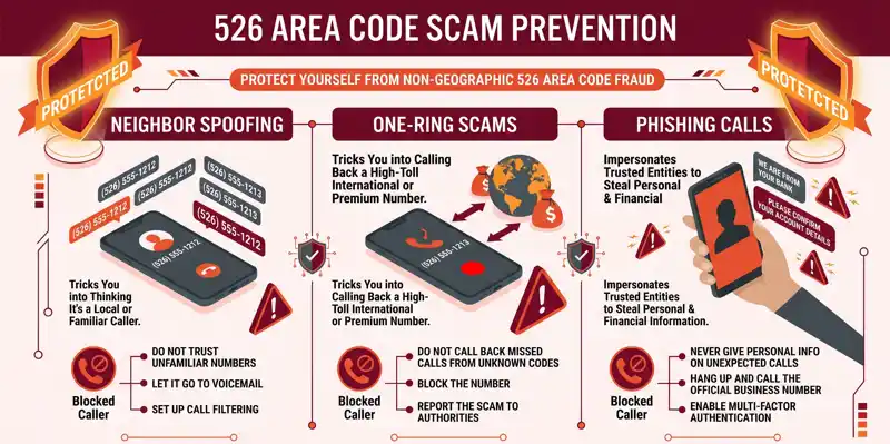 Cybersecurity infographic highlighting common telecom frauds like neighbor spoofing and phishing associated with the 526 area code, and how to prevent them.