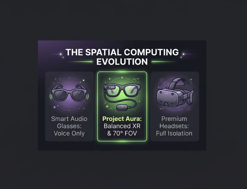 Comparison infographic demonstrating why Google and Xreal’s ‘Project Aura’ XR Smart Glasses Are Legit, mapping out how they balance everyday comfort with a wide 70-degree field of view compared to isolated premium headsets.