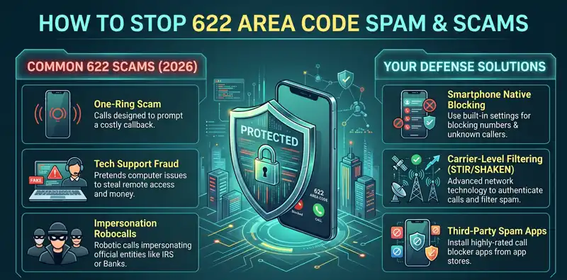 Cybersecurity infographic detailing common 622 area code phone scams, such as the one-ring scam, and showing how to block them using smartphone settings, carrier filters, and third-party apps.