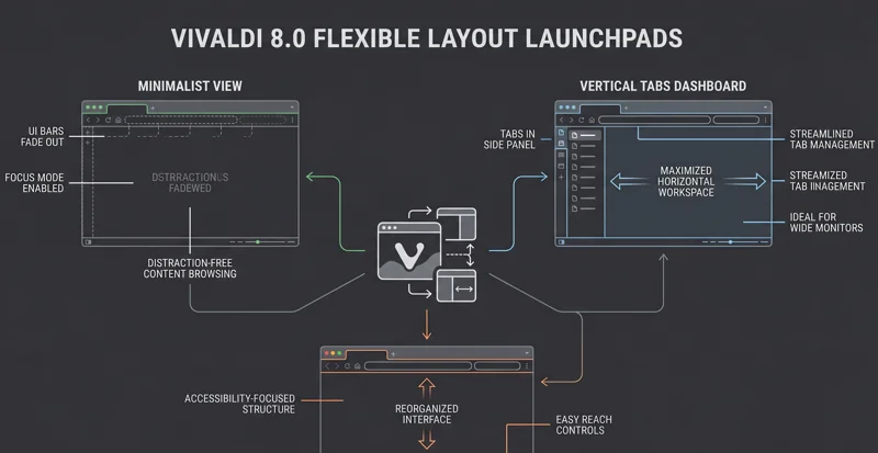 A modular infographic demonstrating how the six new preset browser layouts allow users to dynamically switch between minimalist toolbars, vertical tabs, and inverted bottom-based views.