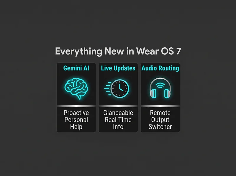 Feature guide displaying the newest Wear OS 7 changes, including proactive Gemini Intelligence, real-time Live Updates, and the Remote Output Switcher for advanced audio routing.