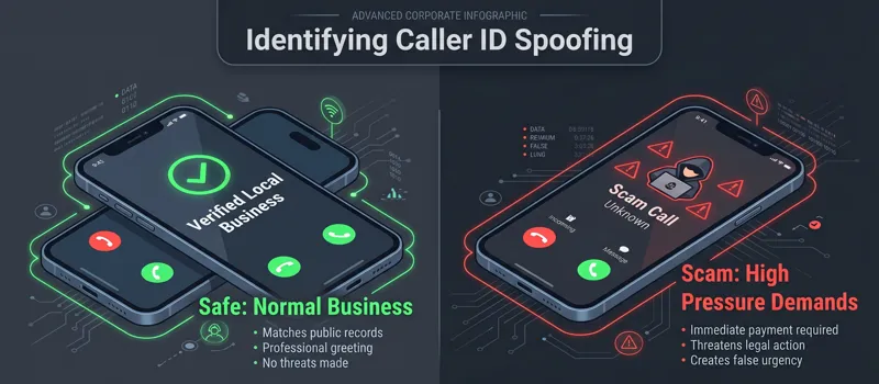 Comparison infographic demonstrating how to identify legitimate local business calls versus spoofed scam calls utilizing an area code youngstown ohio.