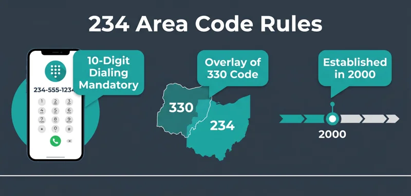 Infographic explaining the 234 area code telecommunications rules, including mandatory 10-digit dialing and its history as an overlay for the 330 area code.
