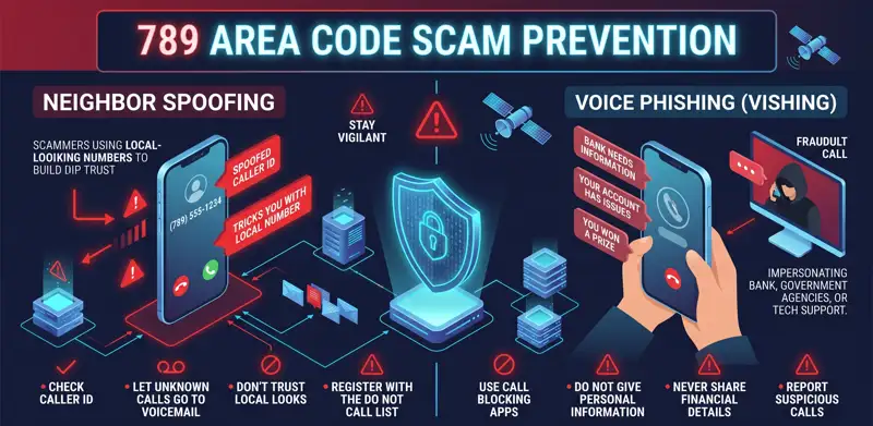 Cybersecurity infographic explaining how to identify, prevent, and block neighbor spoofing and vishing scams associated with the 789 area code.