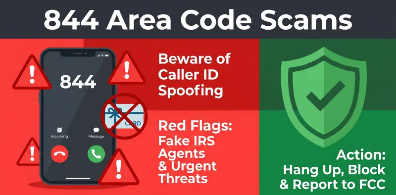 Security infographic showing how to identify and block 844 area code scam calls, featuring warnings about caller ID spoofing.
