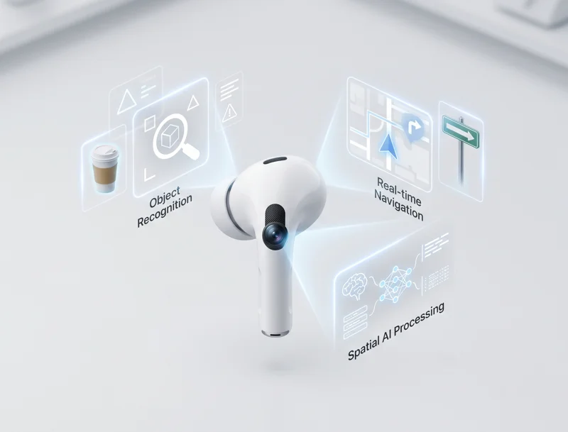 A technical infographic of a single AirPod showing the integrated camera lens and AI spatial vision features, demonstrating why these new AirPods prove Apple is still the king of design.
