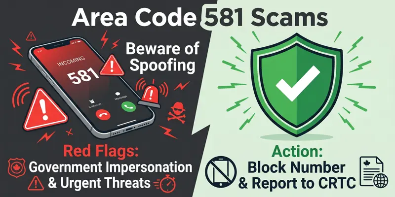 Security infographic explaining how to identify area code 581 scam calls and protect your personal information from spoofed Canadian numbers.