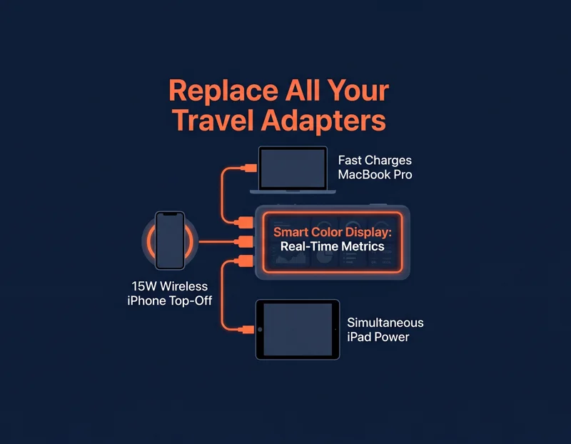Visual guide demonstrating how The UGREEN Nexode Power Bank might be the ultimate 3-in-1 MagSafe charger by simultaneously powering a MacBook Pro, iPad, and iPhone.
