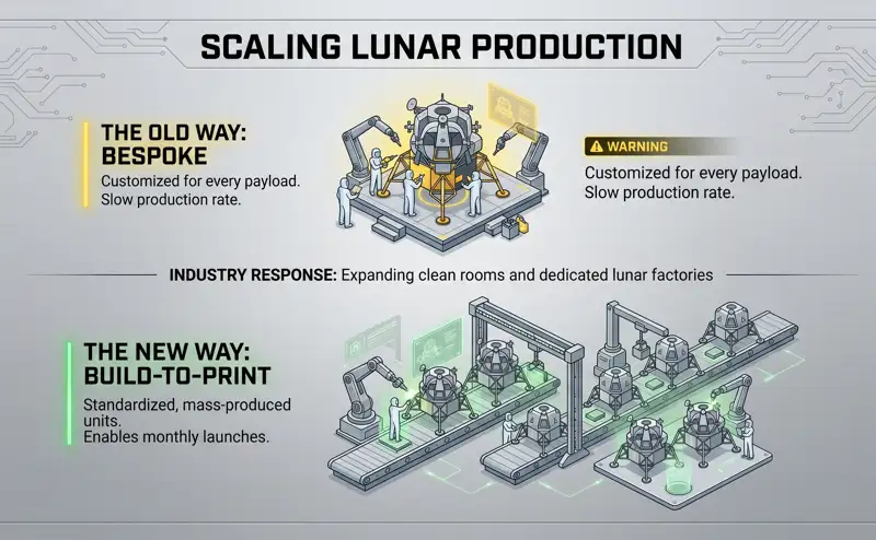 Infographic showing the aerospace industry's shift from slow, custom-built lunar landers to standardized, build-to-print mass production to meet NASA's monthly launch demands.