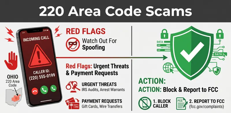 Security infographic explaining how to identify 220 area code scam calls and block spoofed Ohio phone numbers.
