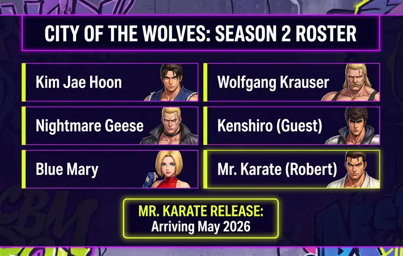 Infographic listing the six characters in the Fatal Fury Season 2 DLC pass, including Kim Jae Hoon, Nightmare Geese, Blue Mary, Wolfgang Krauser, Kenshiro, and Mr. Karate, arriving in May 2026.