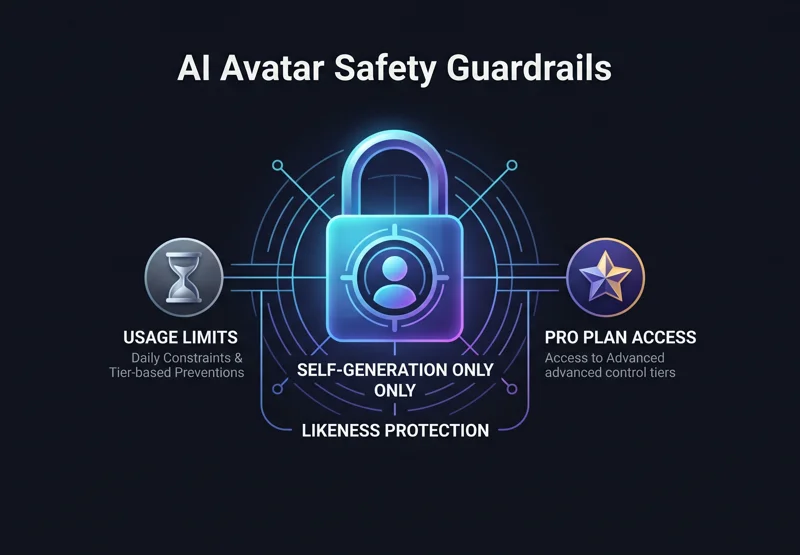 An infographic illustrating Google's strict AI avatar safety rules, highlighting that users can only clone their own likeness, alongside icons showing the AI Pro plan requirement and strict generation limits.
