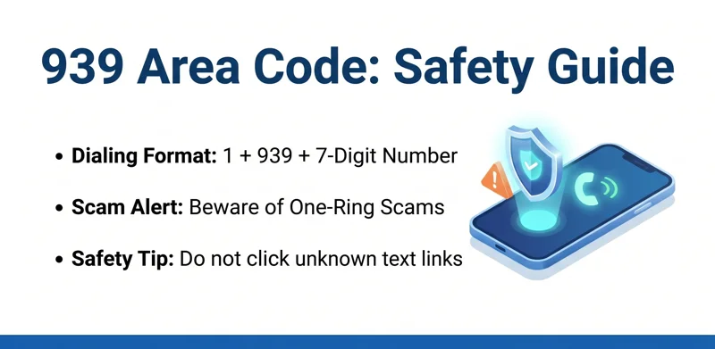 Infographic detailing how to dial a 939 area code number and safety tips to avoid one-ring phone scams.