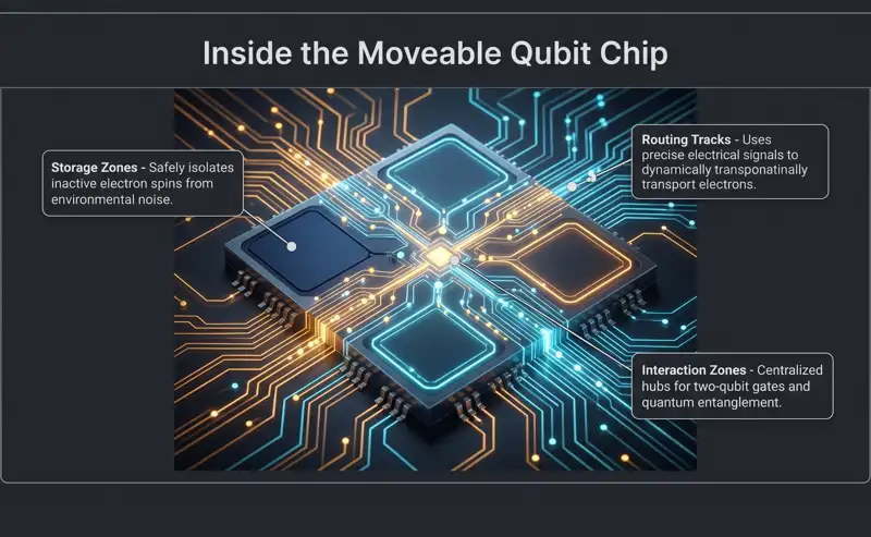 Futuristic illustration of a modular quantum chip showing memory, computation, and centralized readout zones, made possible by manufacturing qubits that can move between stations.
