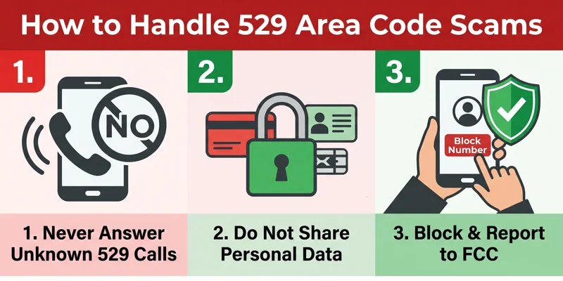 Security infographic showing step-by-step instructions on how to safely handle, ignore, and block 529 area code scam calls.