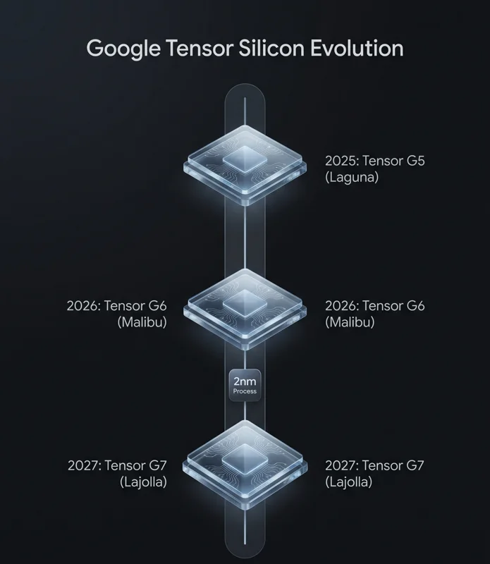 A hardware roadmap infographic detailing the evolution of Google silicon from the Tensor G5 to the upcoming Tensor G7 Lajolla chip for the Pixel 12.