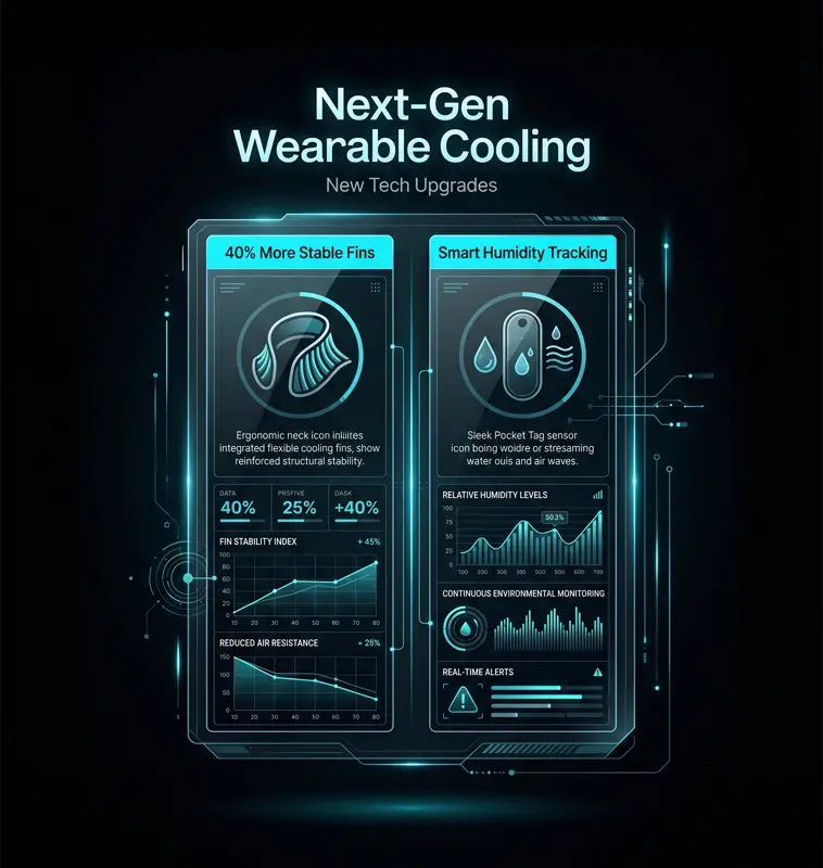 Comparison infographic highlighting the performance upgrades of the Sony Reon Pocket Pro Plus, specifically focusing on its 40% more stable design and smart humidity tracking.