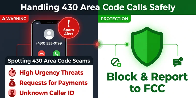 A security-focused infographic explaining how to identify 430 area code scam calls and detailing steps for blocking fraudulent numbers.