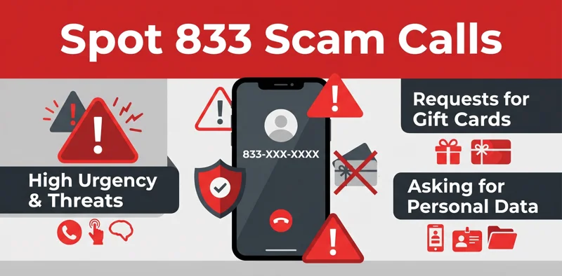 Security infographic showing how to spot area code 833 scam calls, including warning signs like high urgency and requests for gift cards.