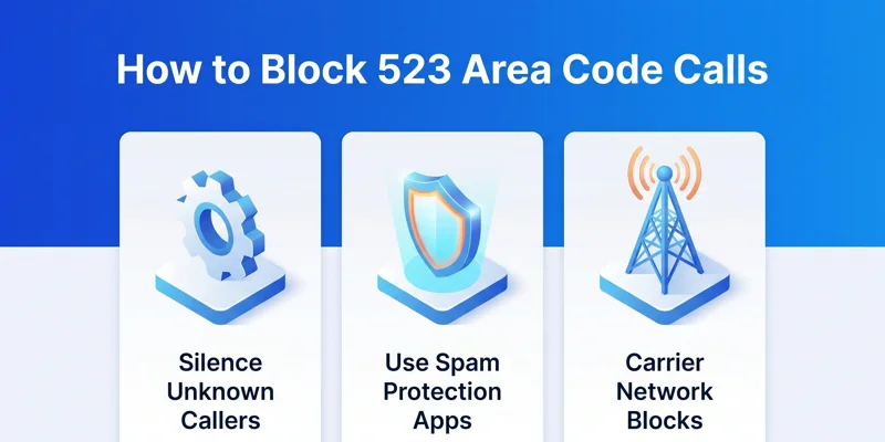 Step-by-step infographic showing three effective methods to block unwanted spam calls from the 523 area code on mobile devices.