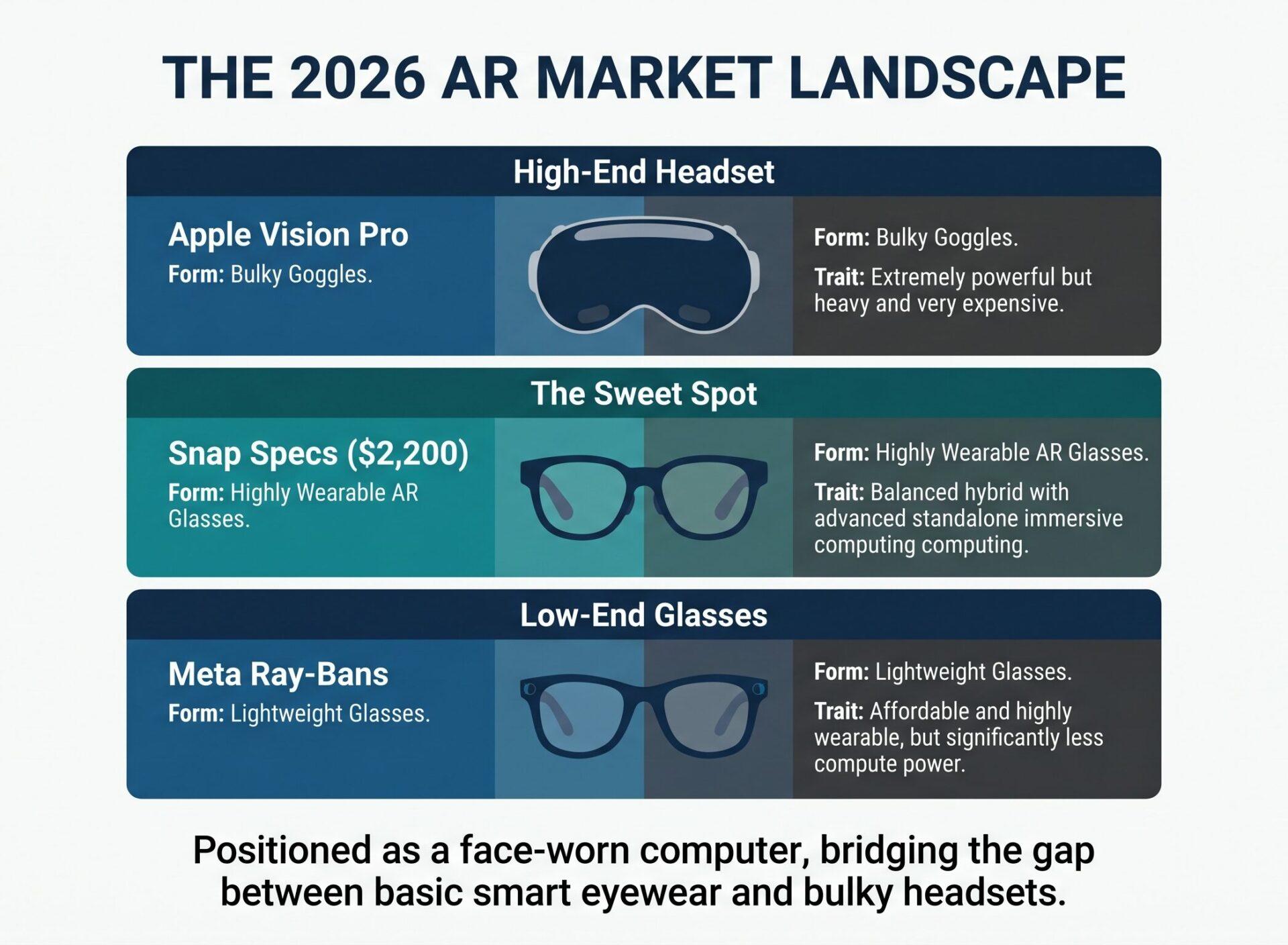 Comparison infographic placing Snap Specs in the middle tier between lightweight Meta Ray-Bans and bulky high-end Apple Vision Pro headsets.